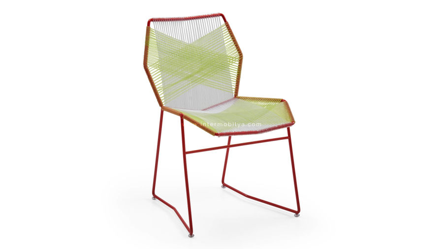 Sekizgen Yeşil-Beyaz Örgülü Kırmızı Metal Sandalye