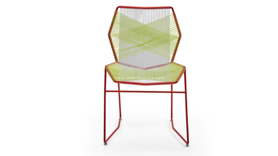 Sekizgen Yeşil-Beyaz Örgülü Kırmızı Metal Sandalye